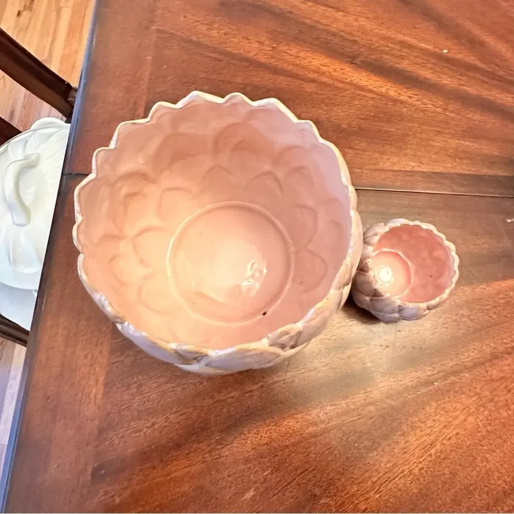 2 Anthropologie Pink Planters Lotus Artichoke 7” & 3” Wide Ceramic Flower Pots